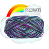 A ball of purple and green milk cotton blend yarn with a rainbow graphic above it.