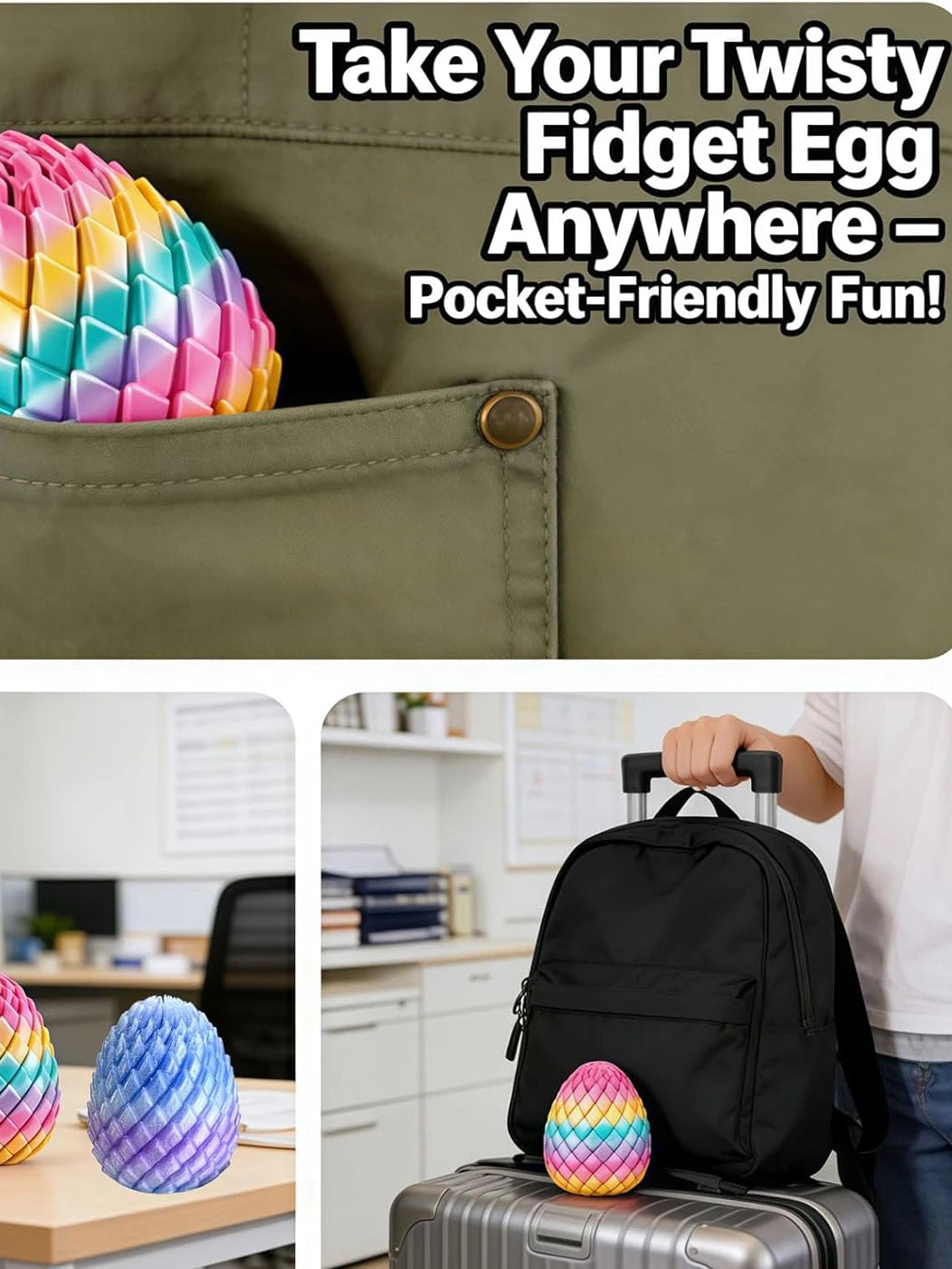 A colorful twisty fidget egg is shown inside a green fabric pocket, next to a black backpack and suitcase.