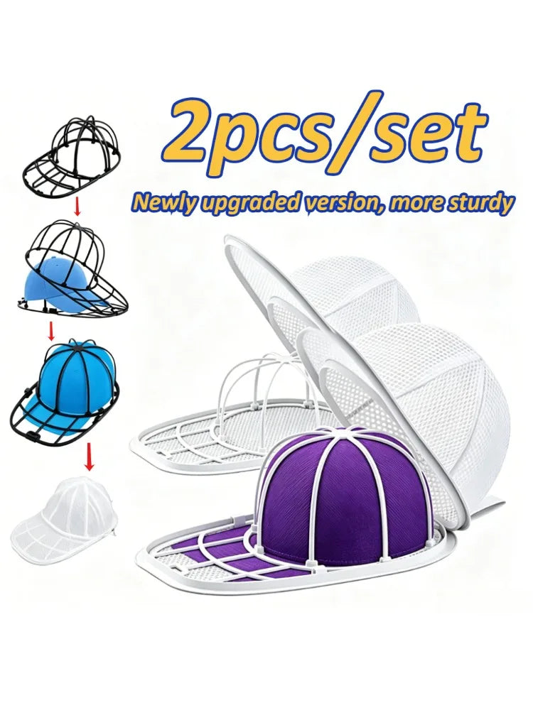 A set of two upgraded mesh washing cages for protecting baseball caps, shown in blue and purple.