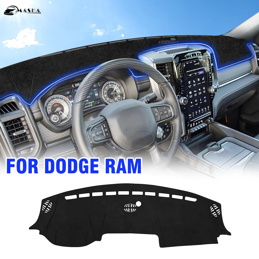 Black custom fit dash cover for a Dodge Ram vehicle interior.