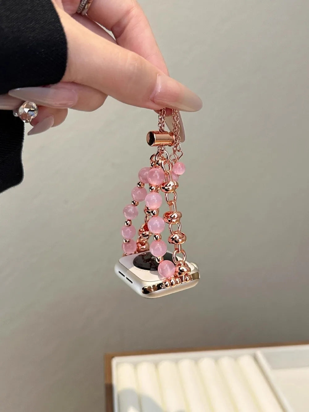 Crystal Bead Watch Strap with Adjustable Metal Link Design