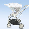 A white stretchable UV-protective stroller sun shade with a canopy is shown in a light blue background.