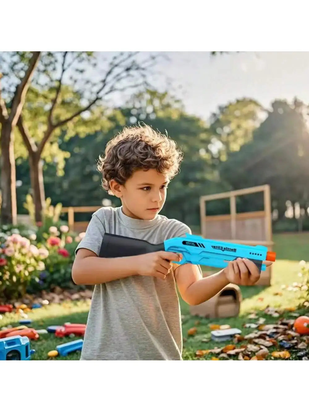 A young boy is holding and aiming a blue manual foam dart blaster toy for kids outdoors.