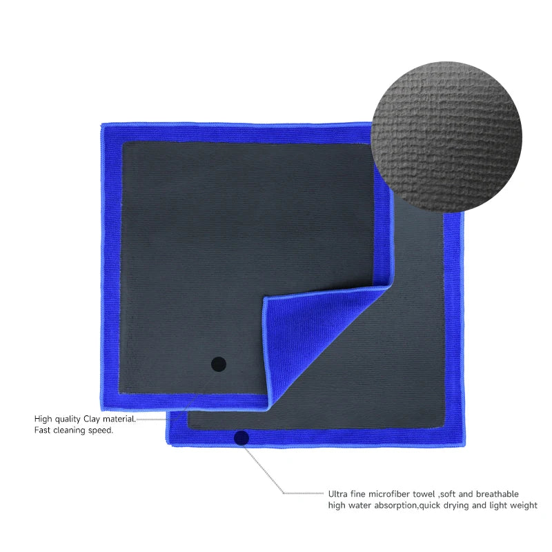 A black and blue microfiber clay bar detailing towel with a circular sponge attached for fast cleaning.