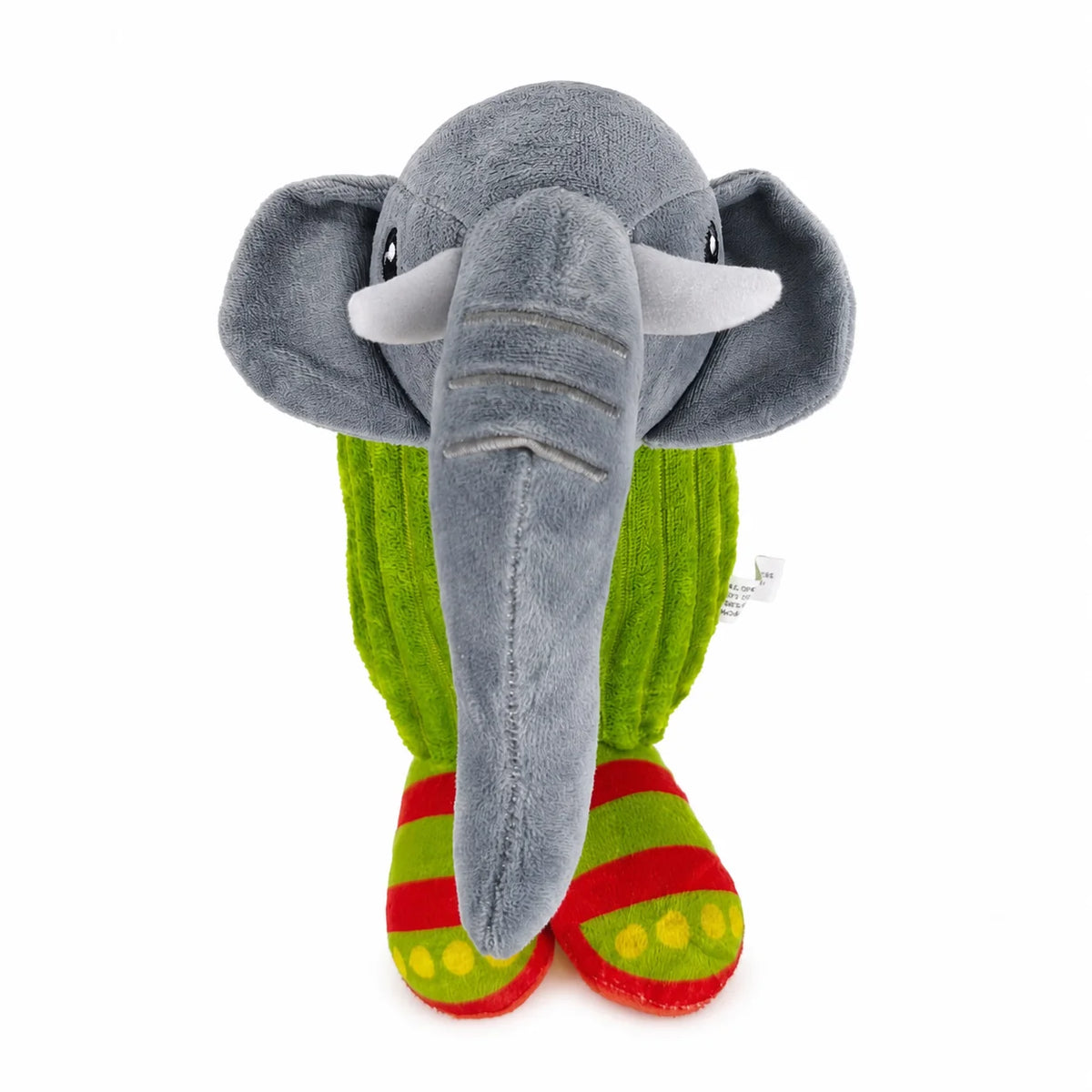 A gray shark plush toy with green and red accents.