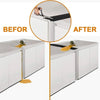 Before and after comparison showing a silicone stove counter gap cover installation on kitchen cabinets.