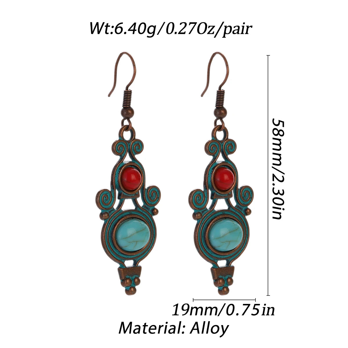 Boucles d'oreilles pendantes en alliage avec des pierres turquoise et rouges, finition cuivre antique
