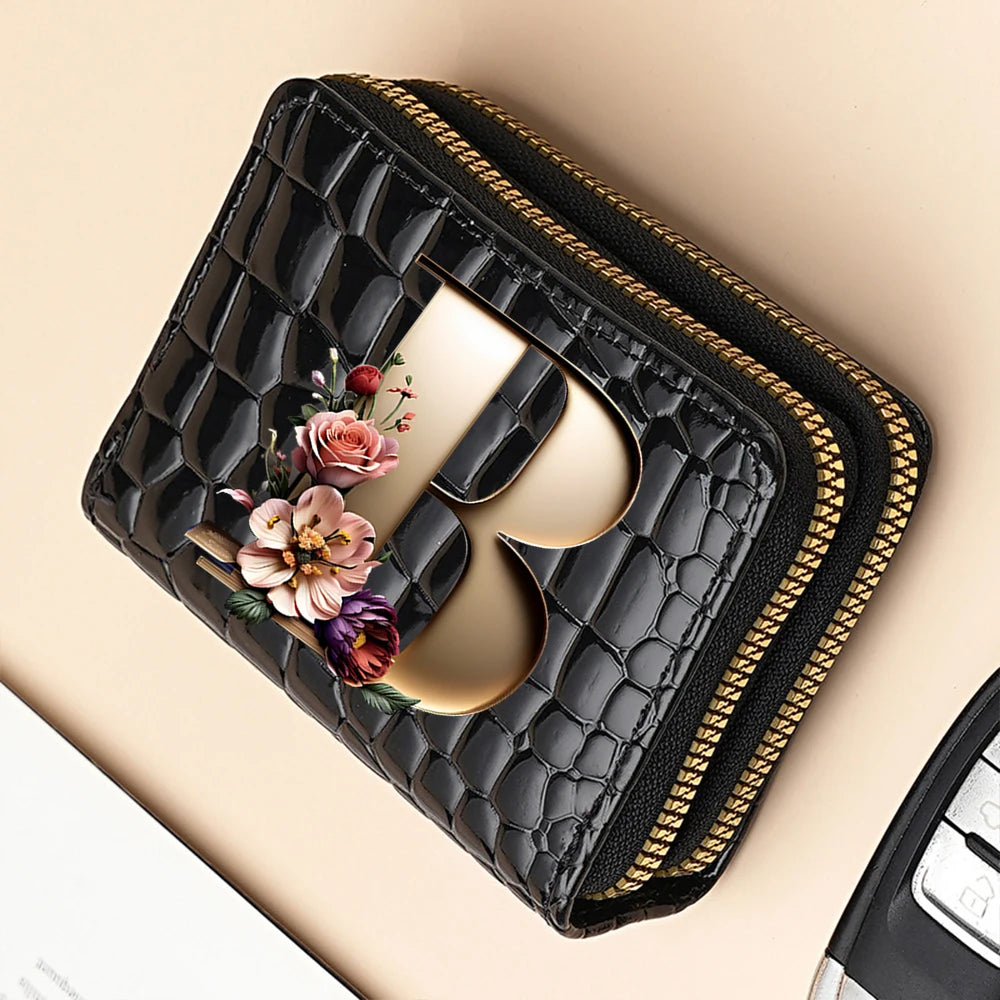Alphabet Flower Double-Zip Card Wallet with Secure Clasp