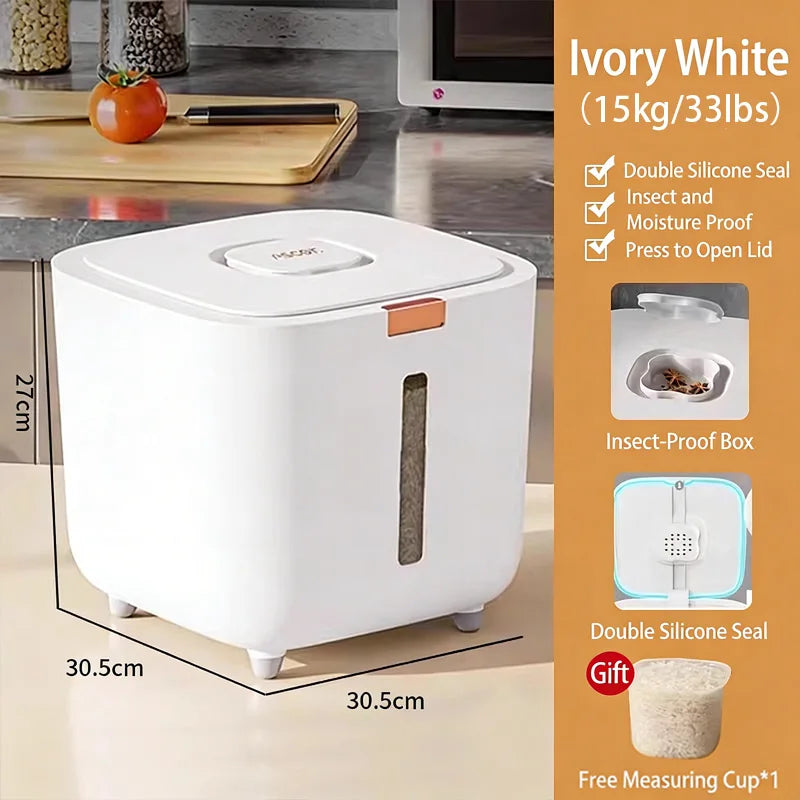 Airtight Rice Storage Container with Double Silicone Seal and Recessed Latch