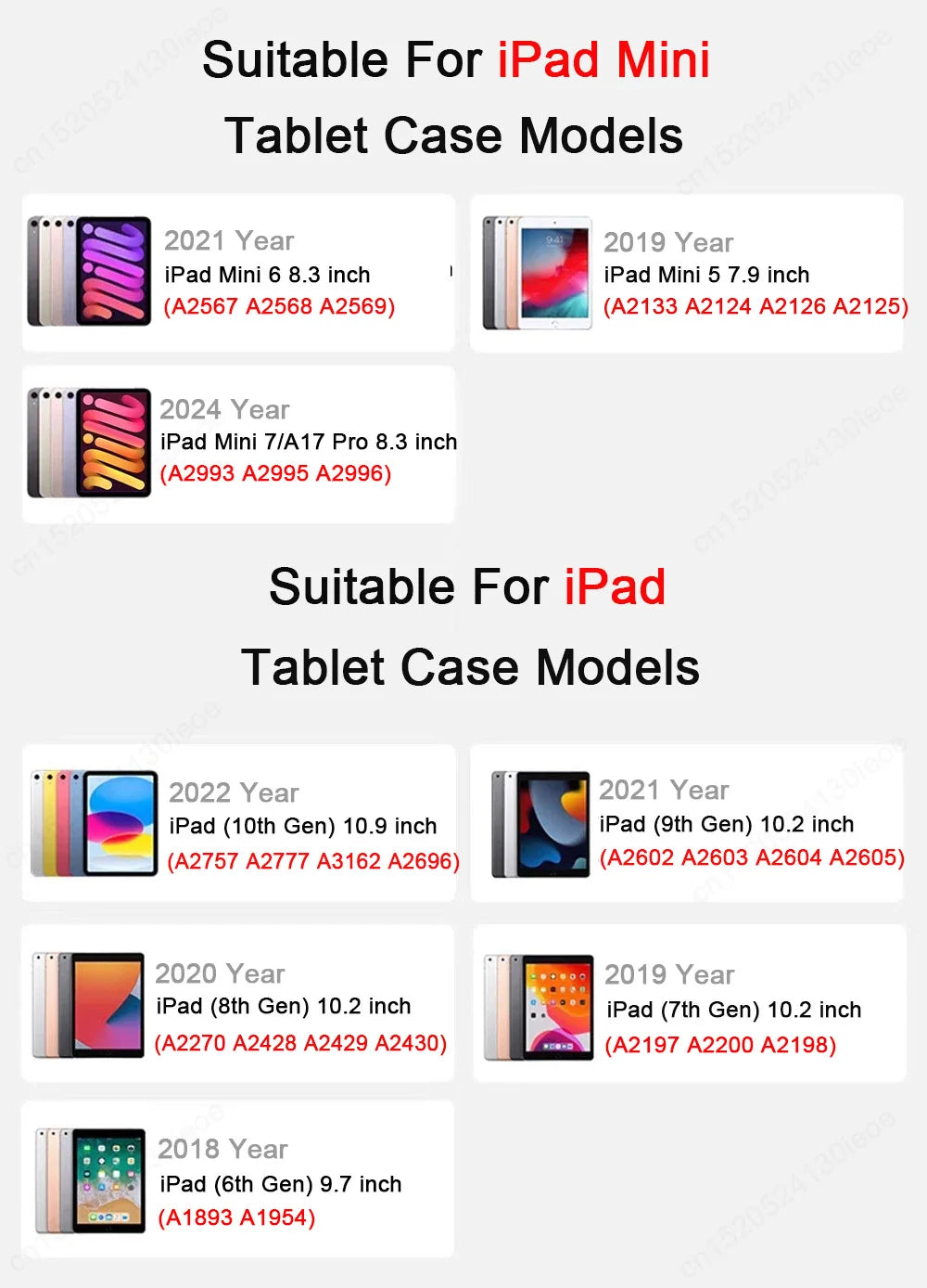 List of compatible iPad Mini and iPad tablet case models across various years