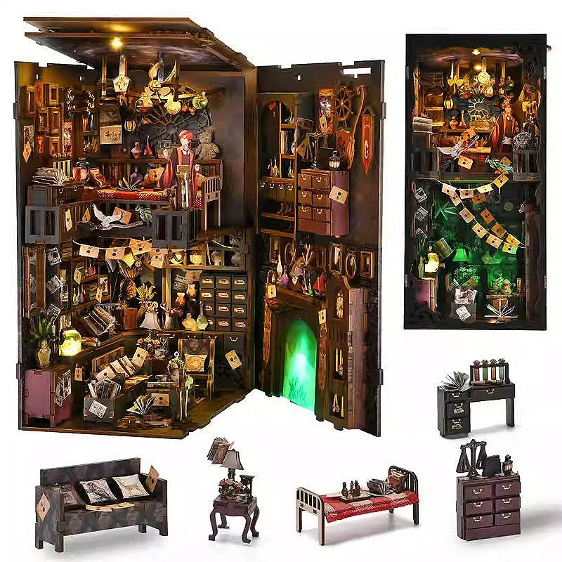 A wooden DIY book nook kit featuring a detailed 3D puzzle bookshelf insert for home decor.