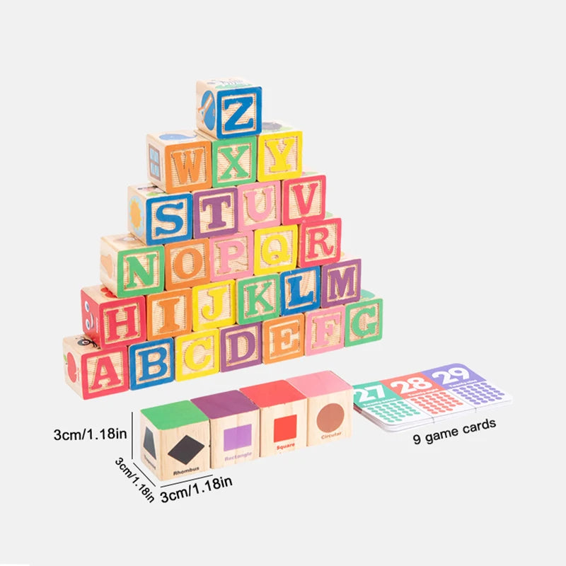 A tower of wooden alphabet blocks spelling out the letters Z through F for early learning.