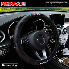 Black leather steering wheel cover with red stitching and Sport branding shown in a car interior.