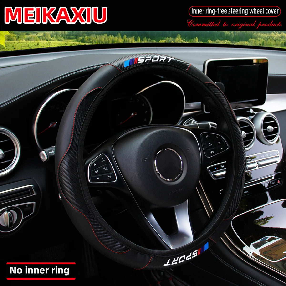 Black leather steering wheel cover with red stitching and Sport branding shown in a car interior.