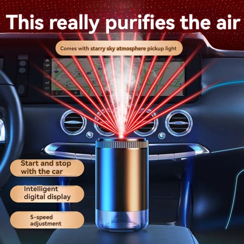 A rechargeable car aroma diffuser with a metallic body and a starry sky light projection is shown on a dashboard.