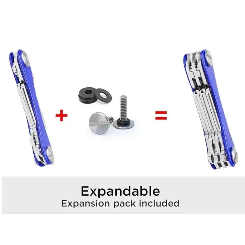 Blue aluminum key clip with a carabiner hook and expansion pack included