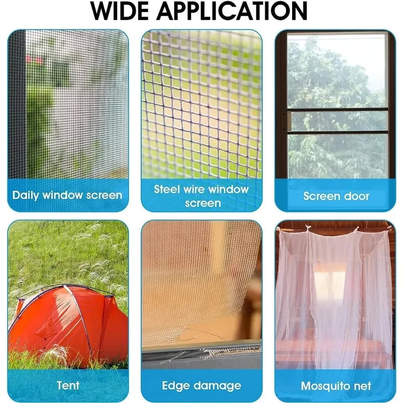 Various applications of self-adhesive fiberglass screen repair tape including window screens, screen doors, tents, and mosqui