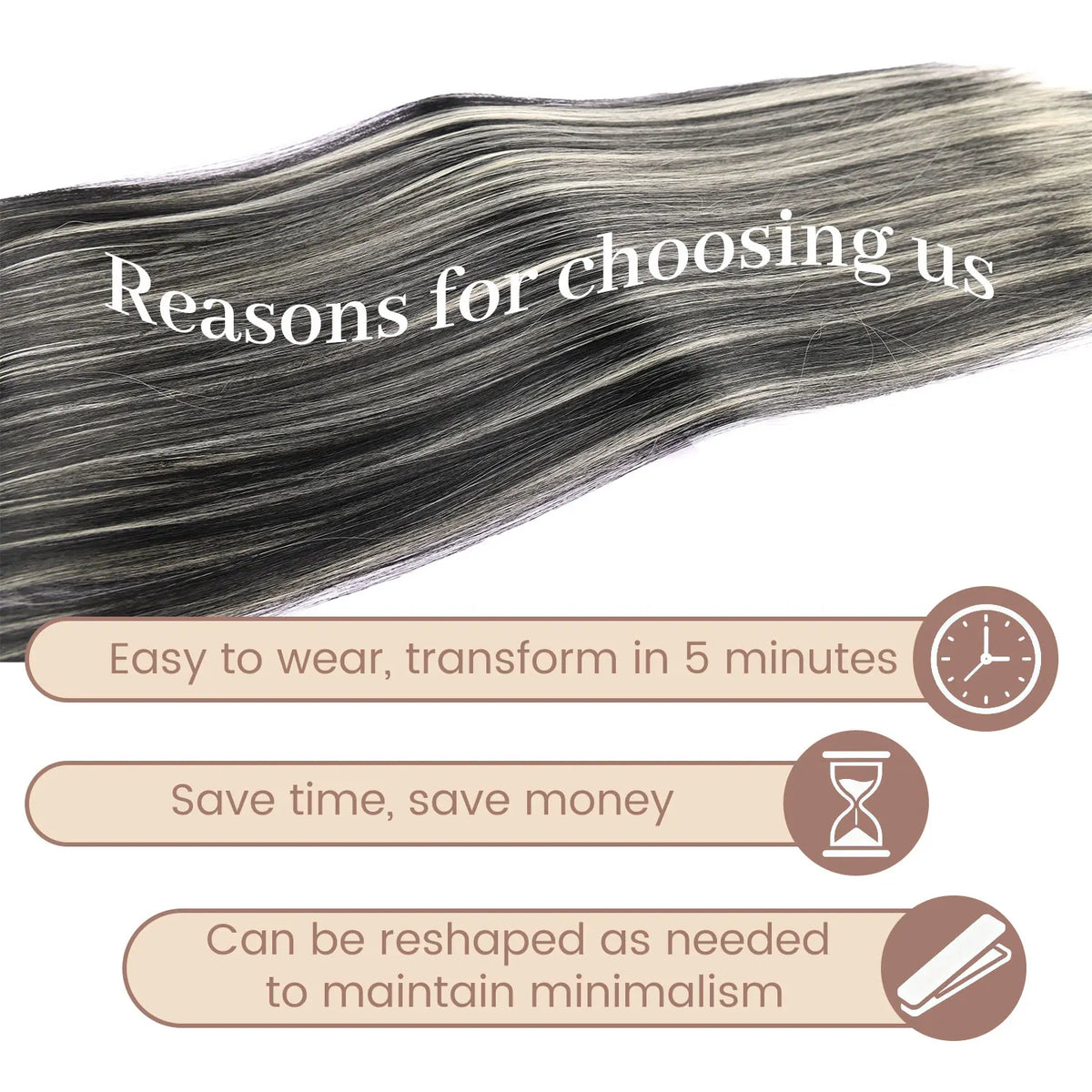 Un paquet d'extensions de cheveux lisses et grises avec des raisons de choisir le produit.