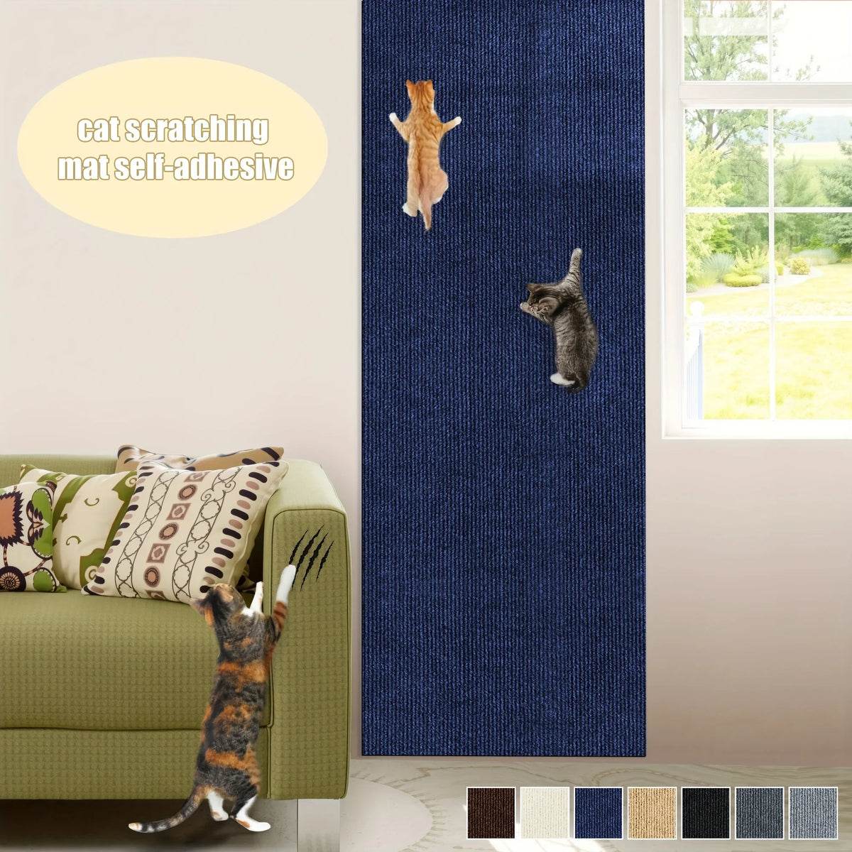 A dark blue self-adhesive cat scratching mat is installed on a wall, with a cat visible on the mat and another cat near furni