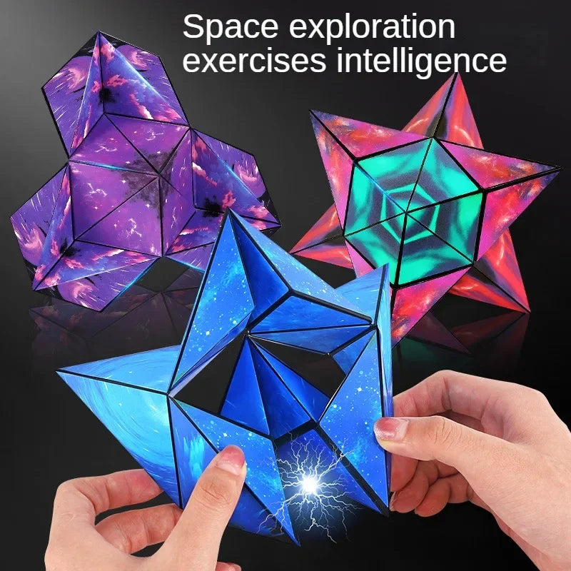 Hands hold a blue magnetic fidget cube puzzle with a star shape, demonstrating space exploration exercises for intelligence.