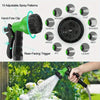 A green high-pressure garden water nozzle with adjustable spray patterns is shown spraying water onto plants.