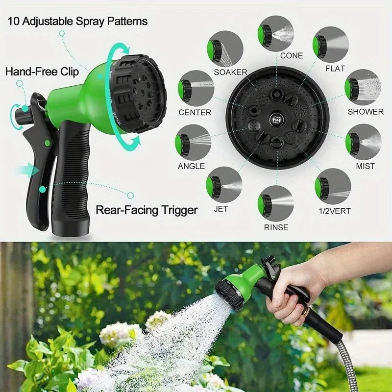 A green high-pressure garden water nozzle with adjustable spray patterns is shown spraying water onto plants.