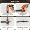 Instructions showing how to use a heavy-duty quick release shovel holder by fixing it to a surface and snapping the metal buc