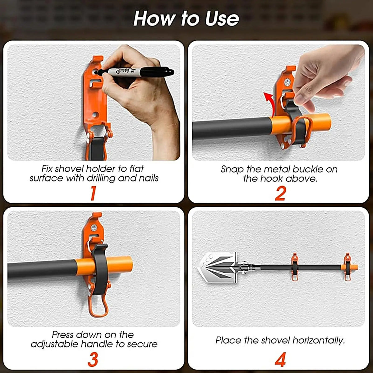 Instructions showing how to use a heavy-duty quick release shovel holder by fixing it to a surface and snapping the metal buc