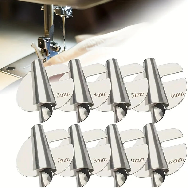 A set of rolled hemmer feet for sewing machines, showing sizes from 3mm to 10mm.