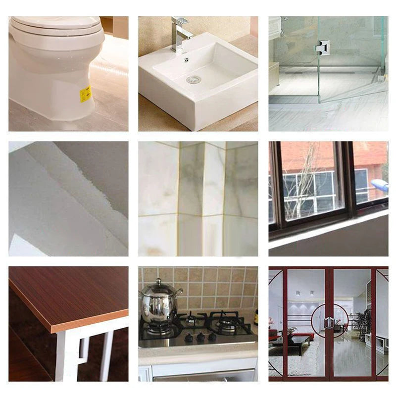 A collection of images showing waterproof self-adhesive sealing tape used for sealing bathroom and kitchen areas.