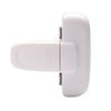 A white self-locking refrigerator safety latch designed for toddlers.