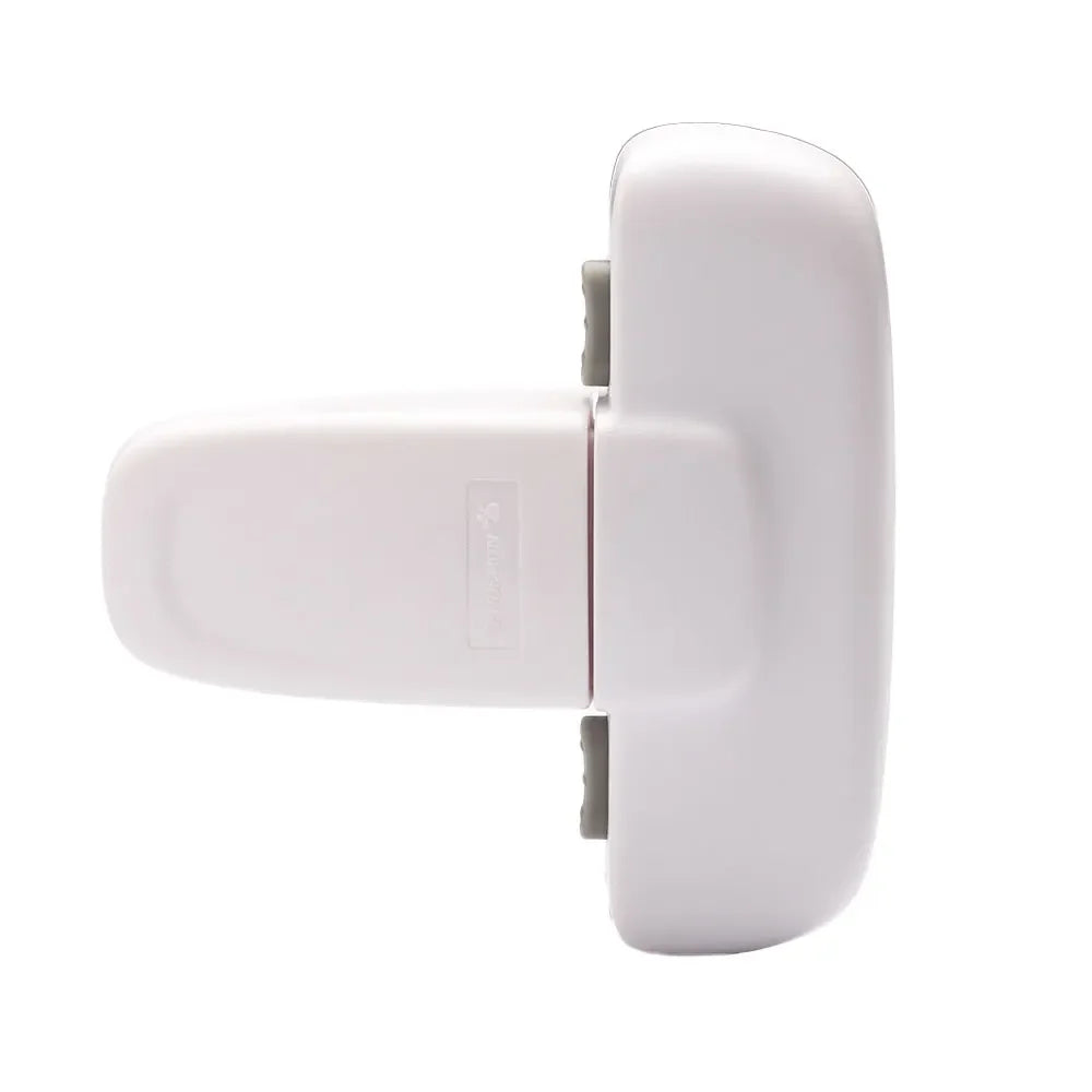 A white self-locking refrigerator safety latch designed for toddlers.
