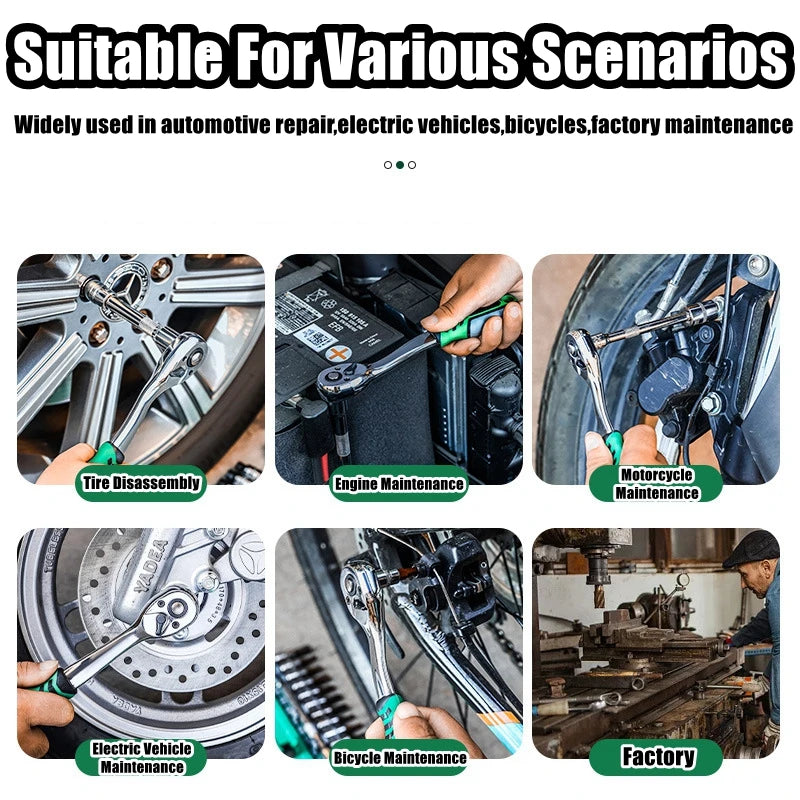 Chrome Vanadium Socket Set with Quick-Release Ratchet used for various maintenance tasks like automotive and factory work.