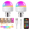 A white LED smart bulb with a translucent pink and purple glow is shown alongside its remote control and color changing modes