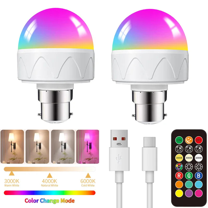 A white LED smart bulb with a translucent pink and purple glow is shown alongside its remote control and color changing modes