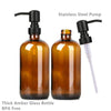 Amber glass bottle with a black stainless steel pump dispenser