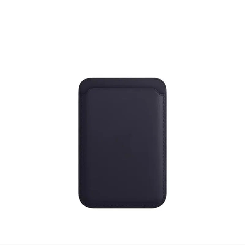A dark blue premium leather wallet case with MagSafe compatibility.