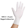 A hand wearing a disposable white nitrile glove, with text indicating 50 pieces equal to 25 pairs bagged without a box.