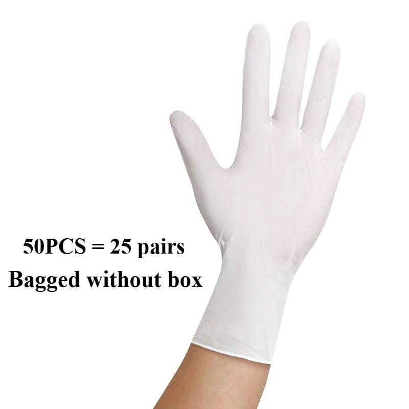 A hand wearing a disposable white nitrile glove, with text indicating 50 pieces equal to 25 pairs bagged without a box.