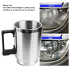 A stainless steel tool used for headlight restoration, shown before and after treatment.