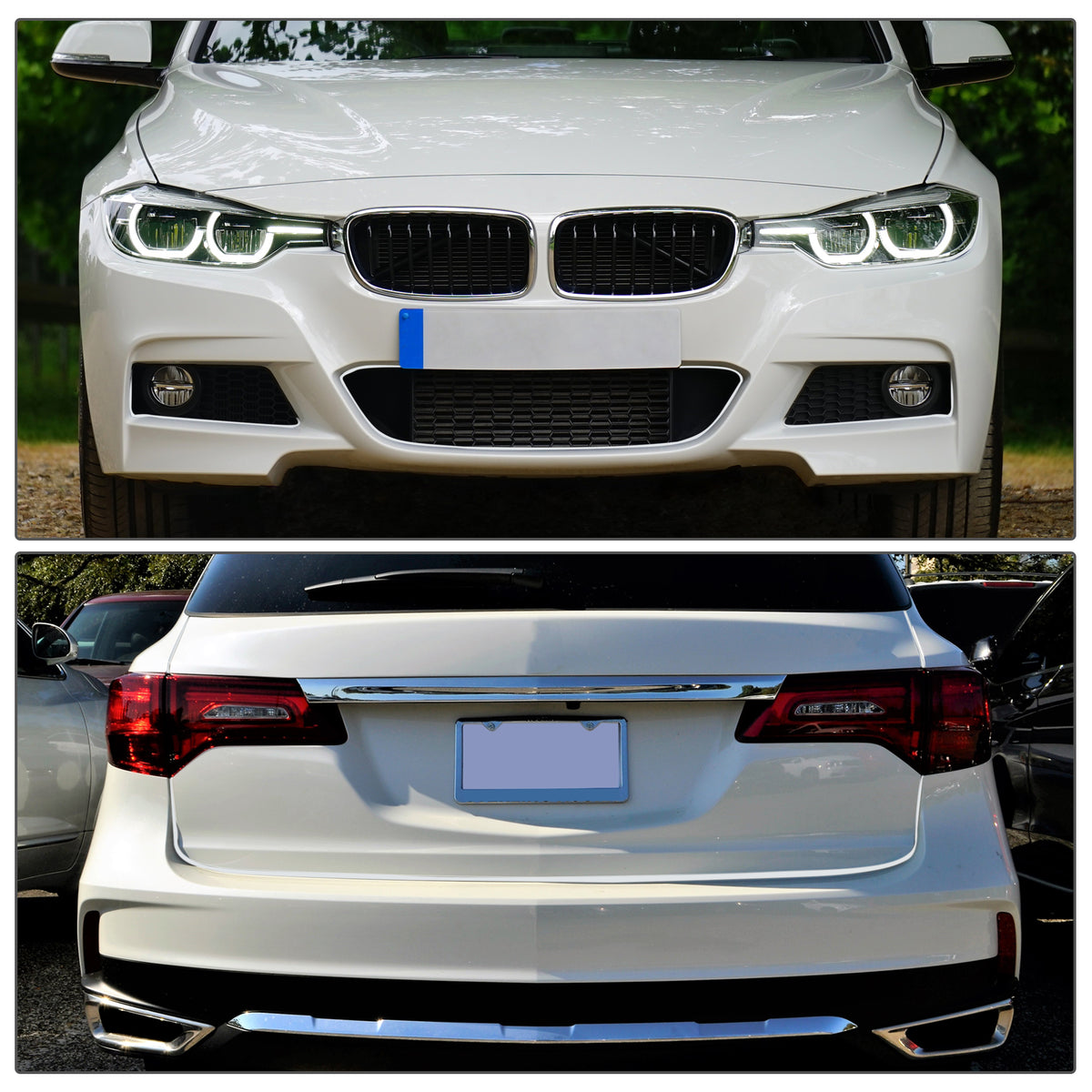 Front and rear views of a white car showing universal chrome door edge guard trim strips.