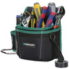 Black tool waist bag with a green trim holding various hand tools like pliers and wrenches.