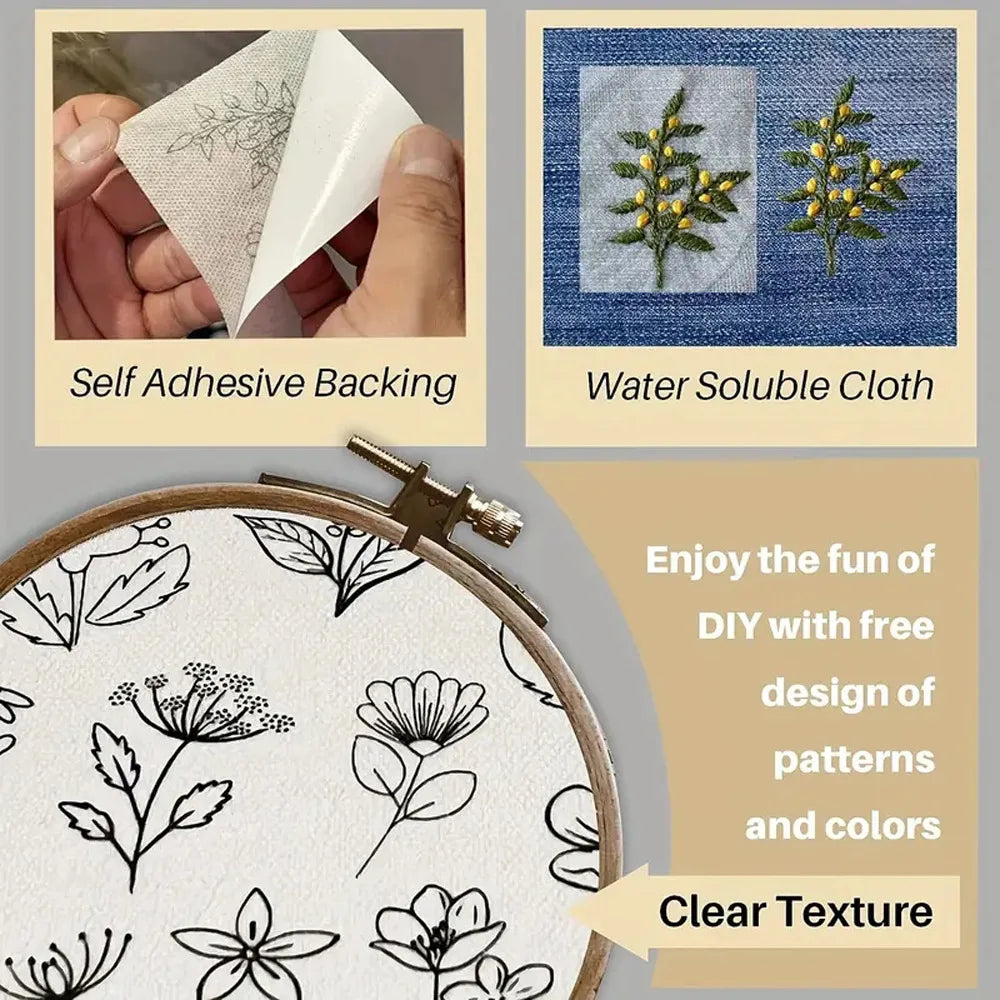 Pre-Printed Water-Soluble Embroidery Stabilizer Sheets with Floral & Letter Patterns