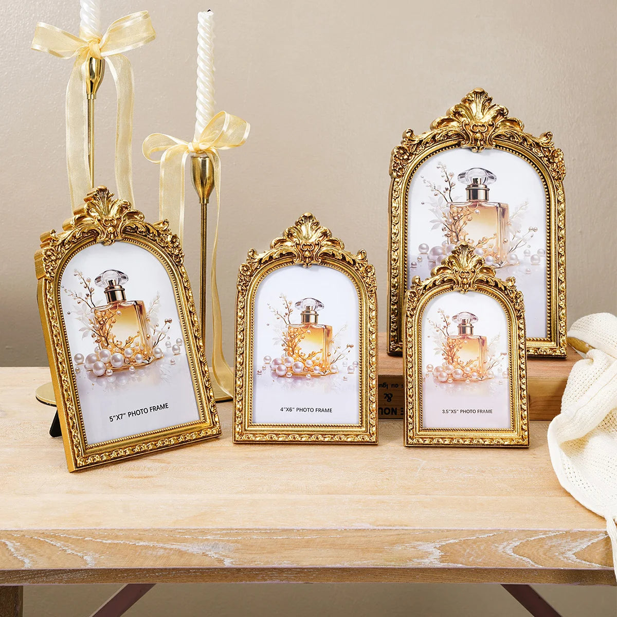 European Retro Arch Photo Frame with Golden Lace Design