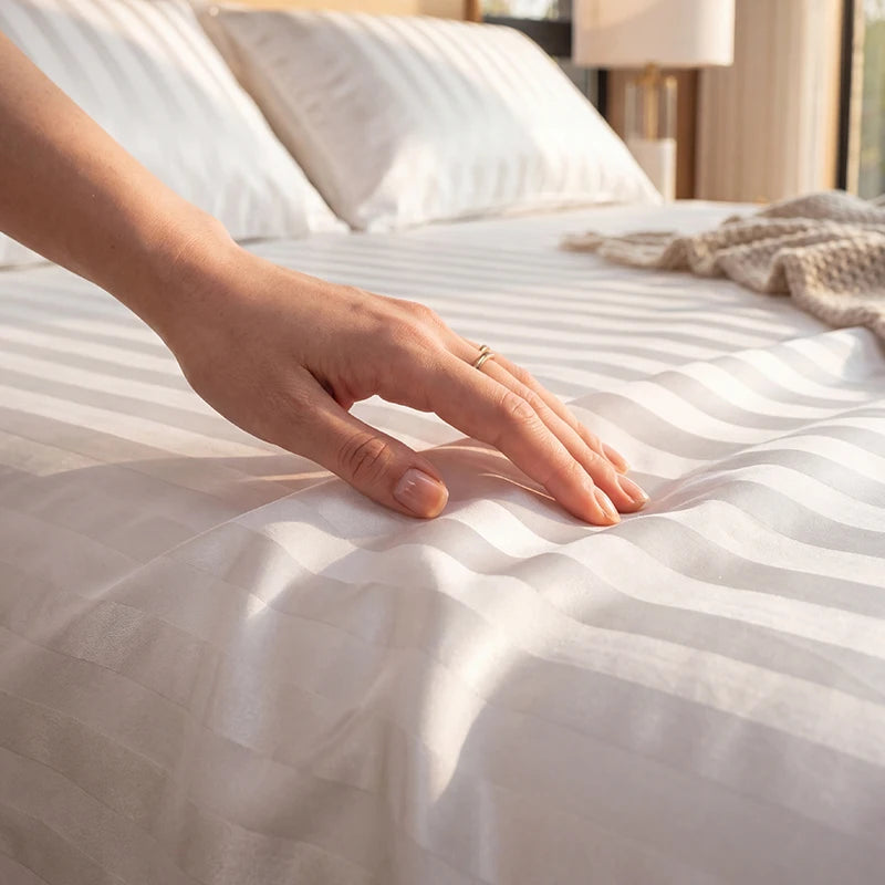 A hand gently touches a white and beige satin striped duvet cover on a bed.