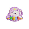 A purple interactive animal piano toy for toddlers featuring a unicorn design and colorful buttons.