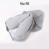 A gray fillable hooded travel pillow shown flat with a storage bag, labeled No fill.