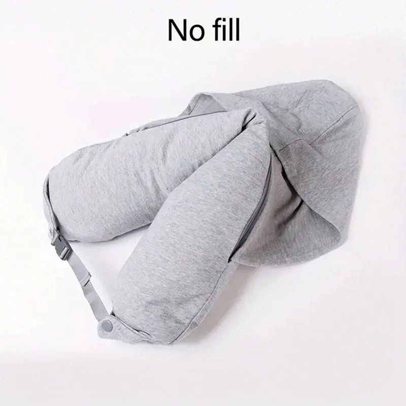 A gray fillable hooded travel pillow shown flat with a storage bag, labeled No fill.