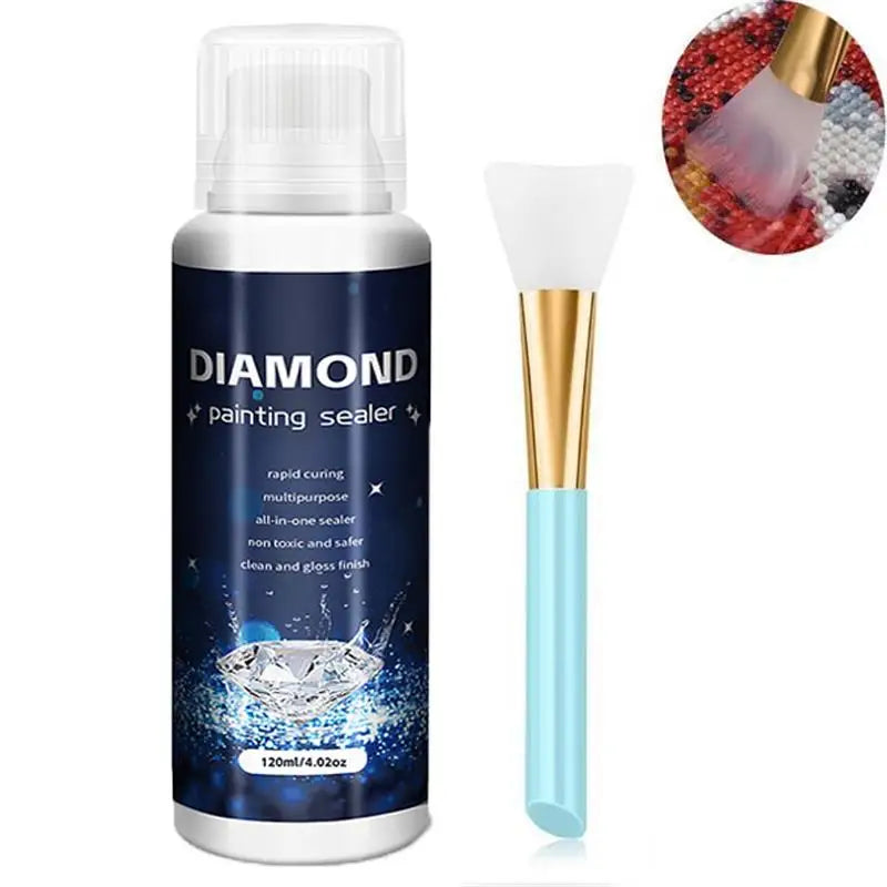 A bottle of Diamond painting sealer with a white cap and a gold brush applicator.