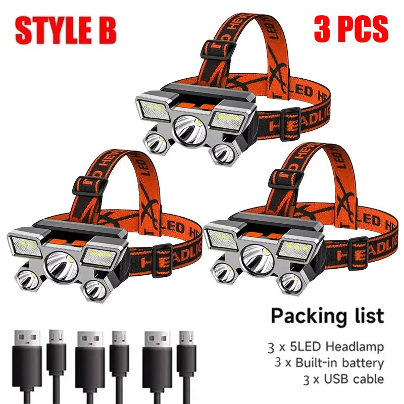 Orange and black style B headlamp with adjustable strap and USB cable included